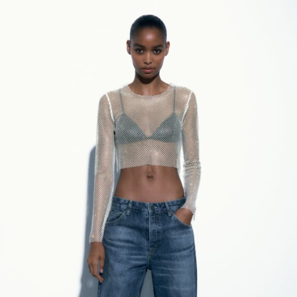 Rhinestone Long Sleeve Crop Top